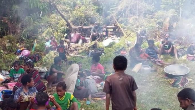 A makeshift West Papuan refugee camp in Puncak Regency after dozens of villagers were displaced from their community by armed conflict in February