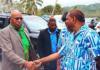 Fijian Media Association general secretary Stanley Simpson (right) greets Prime Minister Sitiveni Rabuka at the 8th Pacific Media Summit in Savusavu