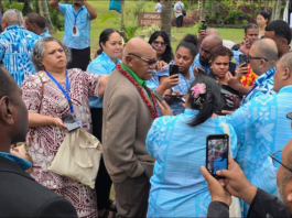 Fiji Prime Minister Sitiveni Rabuka talks to journalists at Savusavu