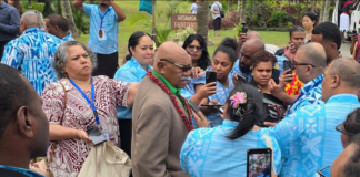 Fiji Prime Minister Sitiveni Rabuka talks to journalists at Savusavu