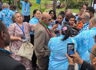 Fiji Prime Minister Sitiveni Rabuka talks to journalists at Savusavu