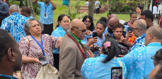 Fiji Prime Minister Sitiveni Rabuka talks to journalists at Savusavu
