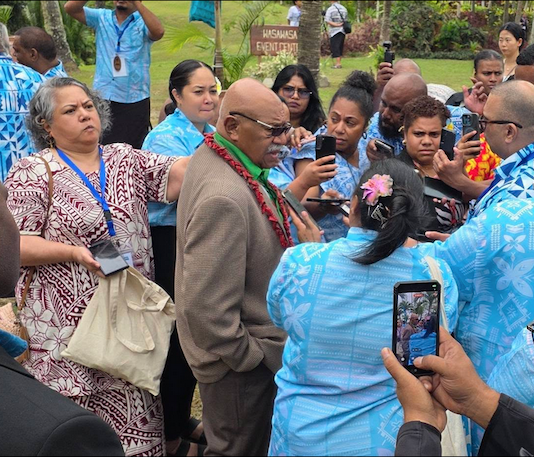 Fiji Prime Minister Sitiveni Rabuka talks to journalists at Savusavu