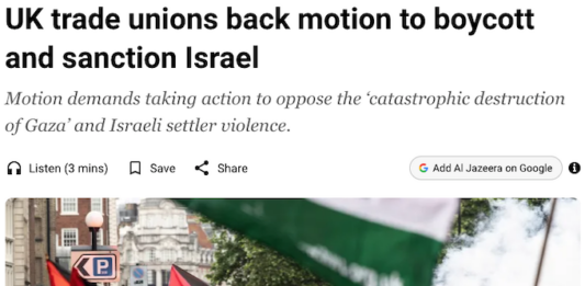 Palestine Forum calls on NZ unions to follow TUC sanctions lead in Britain TUC unions back motion demanding boycotts and sanctions to oppose the "catastrophic destruction of Gaza"