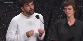 Israeli filmmaker Yuval Abraham and co-director Rachel Szor receiving the Venice Special Jury Prize for their critical Gaza war film