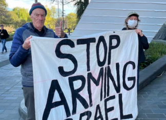Palestine Solidarity Network Aotearoa (PSNA) national coordinator John Minto and another protester at the New Zealand aerospace summit