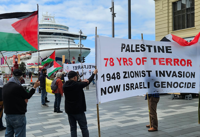 New Zealand protesters showing solidarity with Palestine at Auckland's Te Komititanga Square 