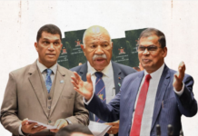 Aseri Radrodro (from left), Prime Minister Sitiveni Rabuka, and NFP's Professor Biman Prasad