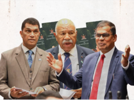 Aseri Radrodro (from left), Prime Minister Sitiveni Rabuka, and NFP's Professor Biman Prasad