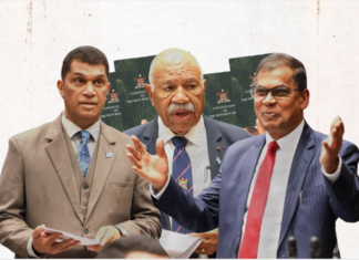Aseri Radrodro (from left), Prime Minister Sitiveni Rabuka, and NFP's Professor Biman Prasad