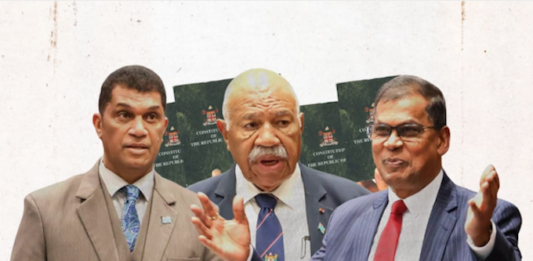 Aseri Radrodro (from left), Prime Minister Sitiveni Rabuka, and NFP's Professor Biman Prasad