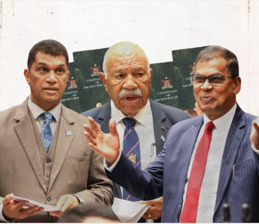 Aseri Radrodro (from left), Prime Minister Sitiveni Rabuka, and NFP's Professor Biman Prasad