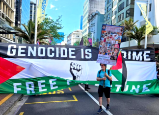 A protester ahead of the Global March for Palestine up Auckland's Queen Street