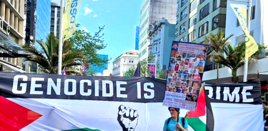 A protester ahead of the Global March for Palestine up Auckland's Queen Street