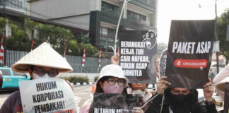 Environmental activists protesting in Jakarta against forest and land fires
