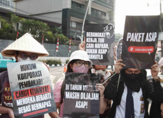 Environmental activists protesting in Jakarta against forest and land fires