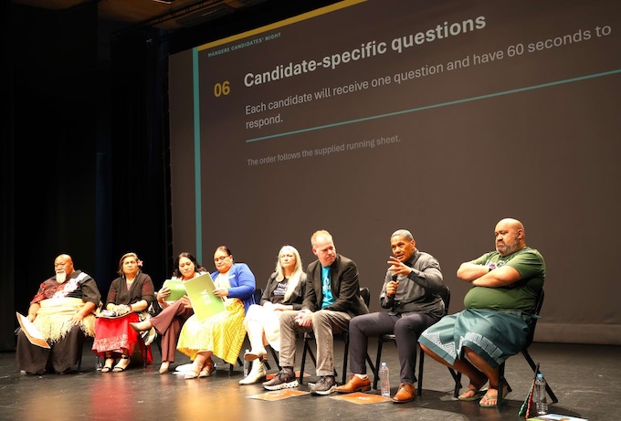 Māngere candidates: Alani Fisher Taione (from left), Lemauga Lydia Sosene, Vicky Hau, Rosemary Bourke, Hine Afeaki, Ben Lane, Dr Timoti Te Moke, and Michel Mulipola