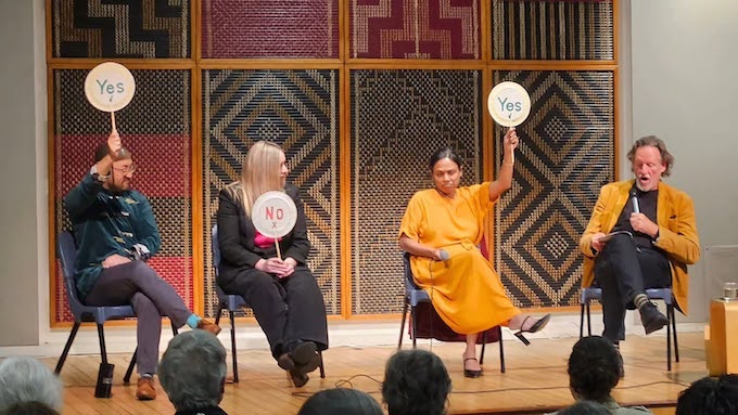 Green Party's Lawrence Xi Xu-Nan (left) and the Labour Party foreign affairs spokesperson Vanushi Walters (second from right) 